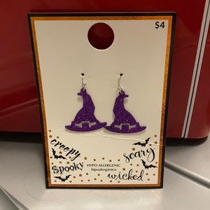Purple glitter witch hat Halloween earrings